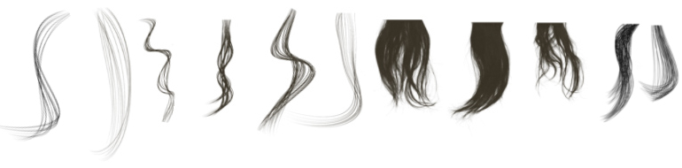 Eine Auswahl von verschiedenen Pinselspitzen in Form ganzer Haarsträhnen.